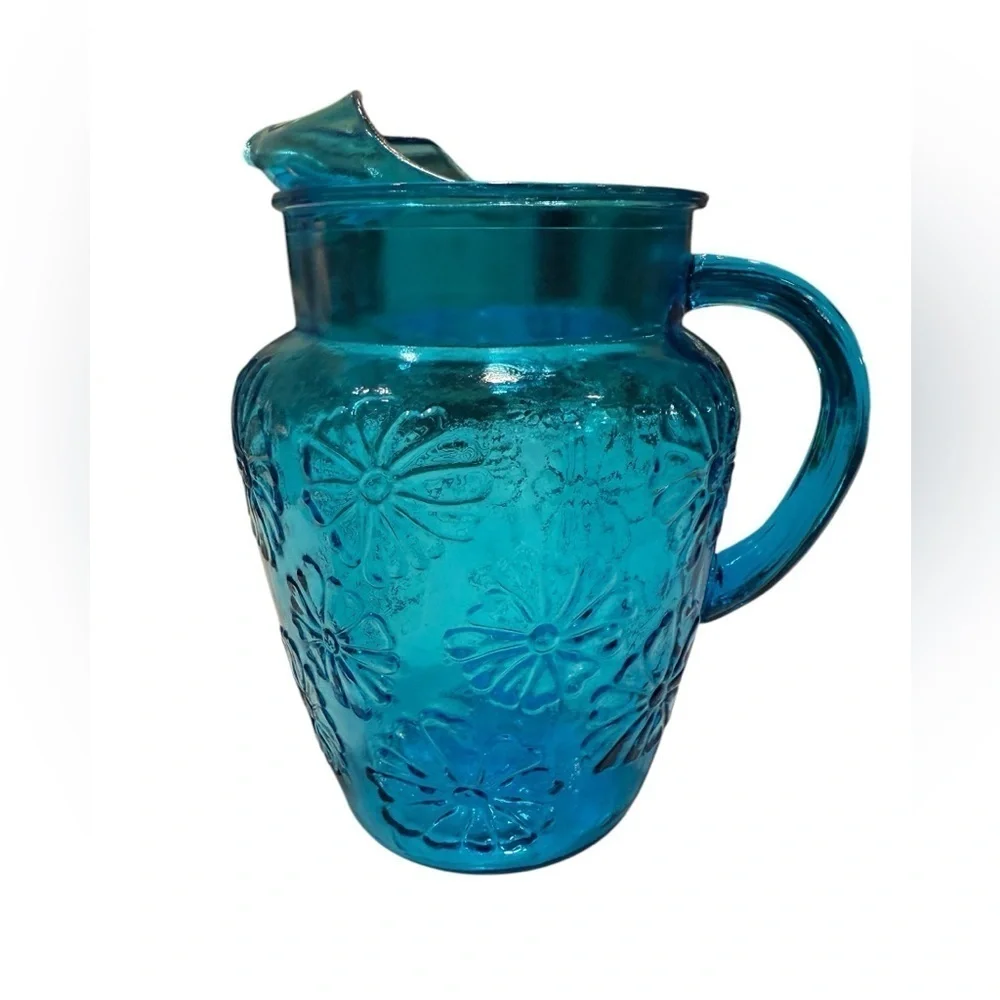 Cobalt Blue Glass Water Pitcher Vtg. 1960’s Embossed Floral Mid Century Modern